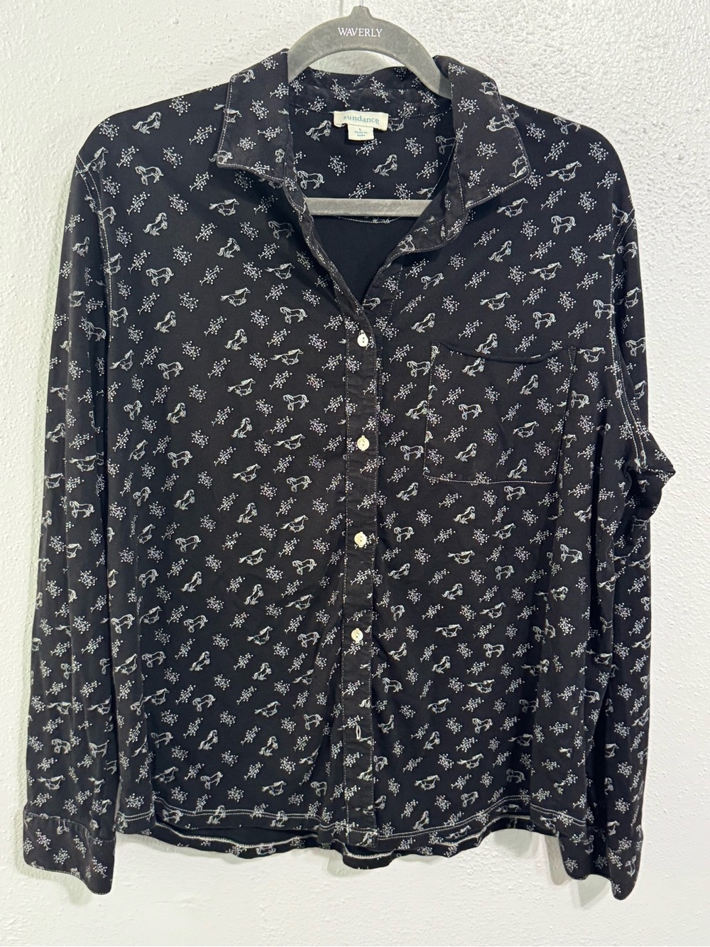 Sundance Black Button-Down Shirt with White horse equestrian  Print large